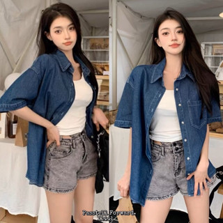 🇰🇷New🇰🇷  Korea denim shirt  Shirtแขนสั้นผ้ายีนไม่หนามาก ใส่สวยเลยค้า กระเป๋าหน้า