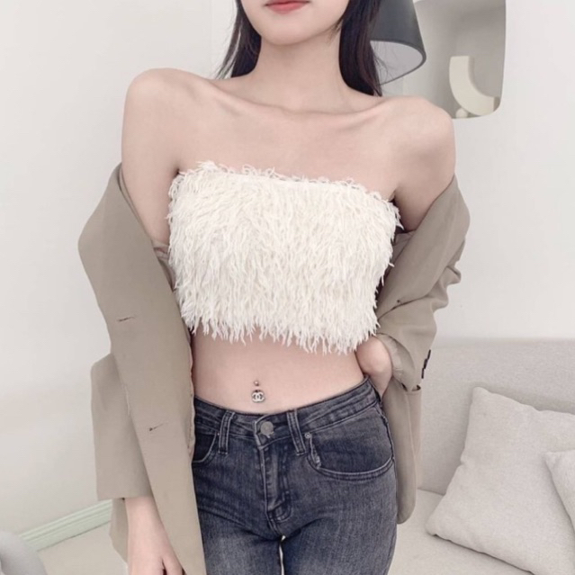 เกาะอกขนปุยๆสุดแซ่บ ใส่เที่ยวเก๋ๆได้เลย เสื้อเกาะอกสไตล์เกาหลีขนมุ้งมิ้งน่ารัก **พร้อมส่ง**