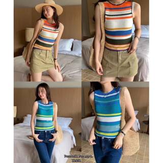 🇰🇷New🇰🇷  Korea stripe crochet top มาใหม่เลยค้า กับแขนกุดงานถัก งานสวยสีสวยมาก ลายทางสลับสี กุ๋นขอบ