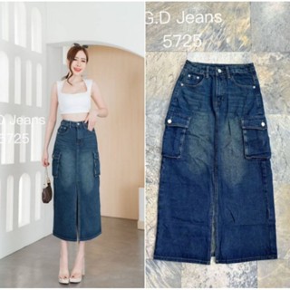 G.D.Jeans รุ่น 5725#กระโปรงยีนส์ทรงยาวผ้าด้านฟอกสีเข้มแต่งกระเป๋ากล่องข้างผ่าหน้าแบบน่ารัก