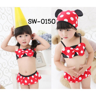 ชุดว่ายน้ำเด็กผู้หญิงแบบทูพีช พร้อมหมวกว่ายน้ำหูมินนี่เมาส์ Girls Minnie Mouse swimsuit (เซ็ต 3ชิ้น) S.90 SW0150