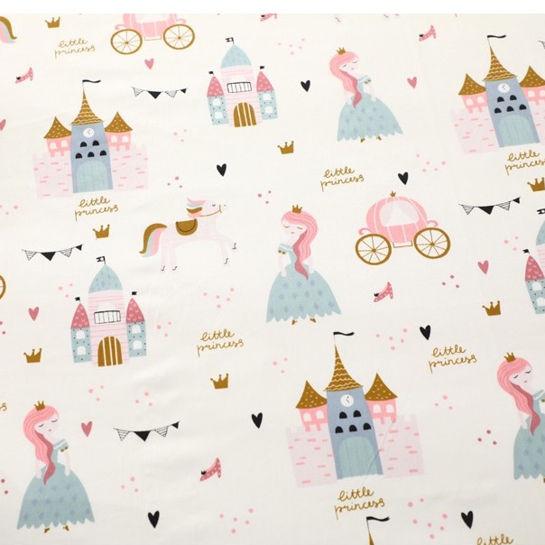 ผ้าคอตตอน 100% ทอทวิล หน้ากว้าง 1.6 เมตร ผ้าเมตร ลายการ์ตูน เจ้าหญิงเจ้าชาย