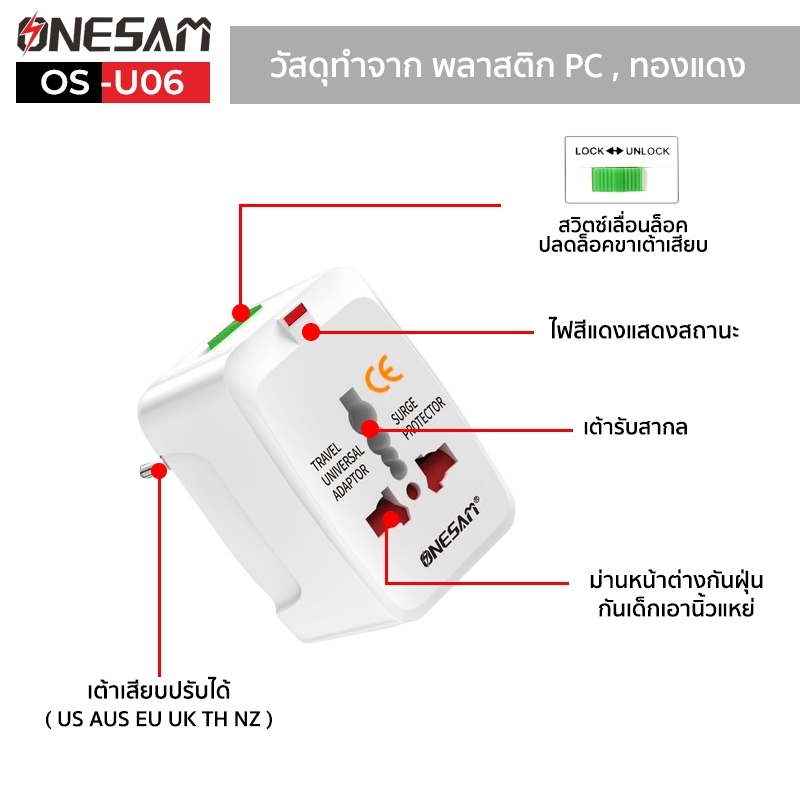 อแดปเตอร์ตัวแปลงปลั๊กทั่วโลก ONESAM รุ่น OS-U06 ขาปลั๊กแปลง Universal Travel Adaptor สีขาว ใช้งานได้มากกว่า 150 ประเทศทั - รูปที่ 3