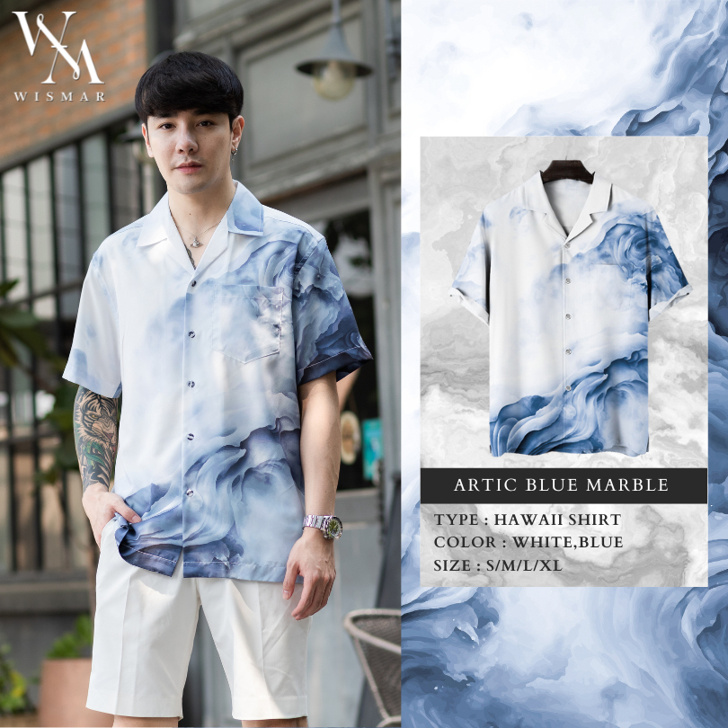 เสื้อเชิ้ตฮาวายแขนสั้นลายหินอ่อน(อาร์คติก บลู): Hawaii Arctic Blue  Marble Shirt(Short-Sleeve)