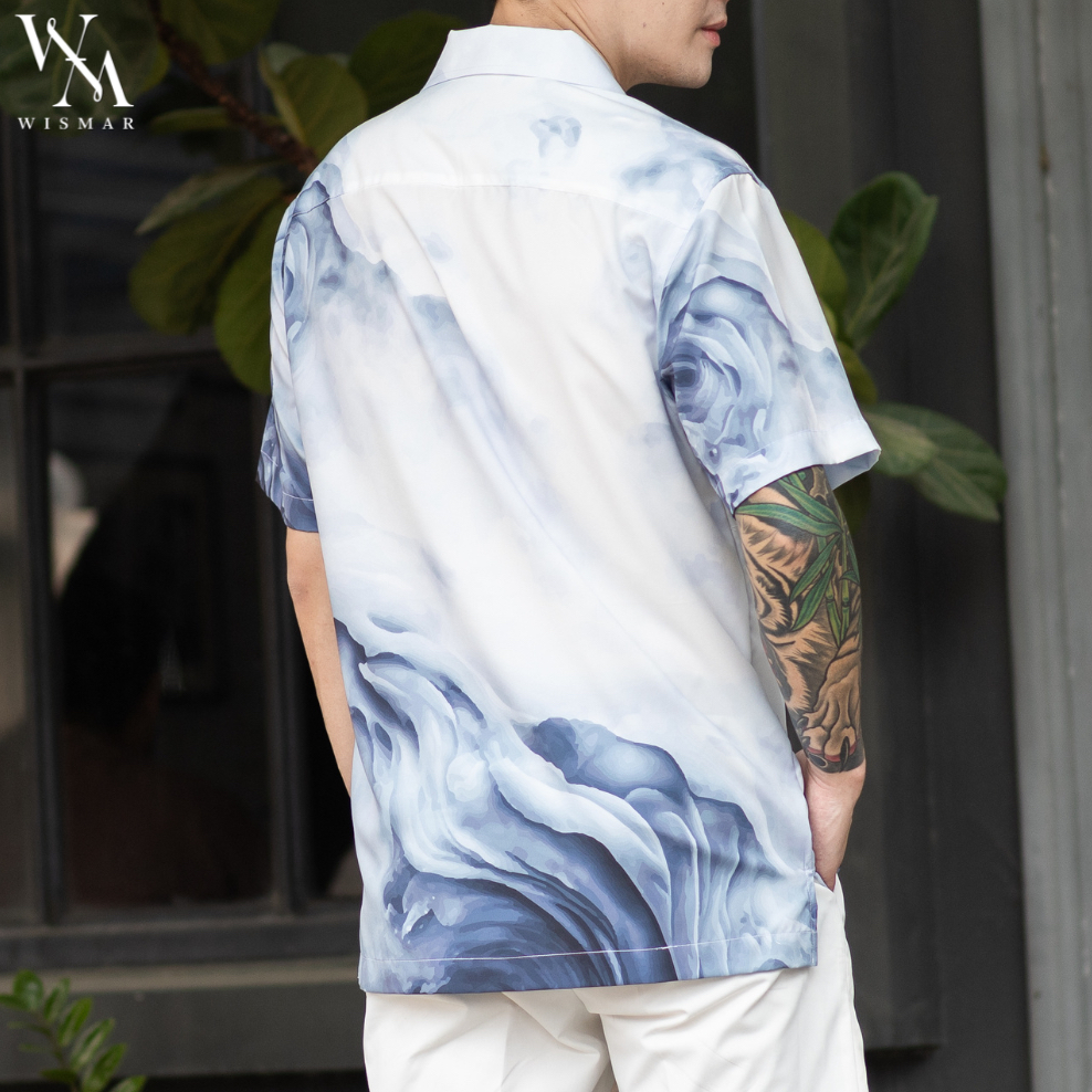 เสื้อเชิ้ตฮาวายแขนสั้นลายหินอ่อน(อาร์คติก บลู): Hawaii Arctic Blue  Marble Shirt(Short-Sleeve)