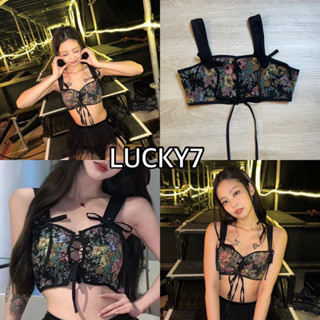 BY IRa Jennie Vintage Tank Top ท็อปสายเดี่ยวแต่งโบว์ ครึ่งตัวลายดอกไม้ ดีเทลเชือกด้านหน้า ใช้งานได้จริง ❤️