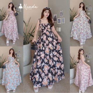 Maxi dress ลายดอก เดรสยาวผูกไหล่ แต่งย่นช่วงหน้าอก ด้านหลังสม๊อค