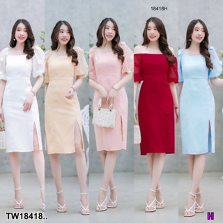 MF18418  เดรสแขนพองแต่งปอมๆ ทรงคอเหลี่ยมผ่าแหวกด้านหน้า มีซิปซ่อนด้านหลัง (เอวเรียบไม่มีสม๊อค) งานสวยมีสไตล์ ซ็กซี่เบาๆใ