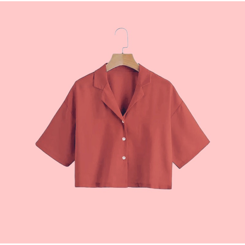 เสื้อเชิ๊ตครอปแขนสั้นคอปกฮาวาย ทรงสั้นมินิมอล สไตล์เกาหลี 7สี ไซส์S-XL