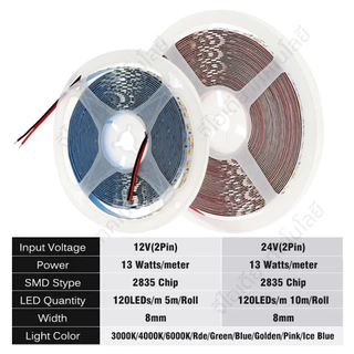 ไฟเส้น หลายสี LED 2835 นำไฟตกแต่ง ไฟปีใหม่ ไฟเส้นสายยาว ไฟติดห้อง ยืดหยุ่น 12V 24V เปลี่ยนฟรี มี 9 สี ให้เหลือก 5M/ 10M