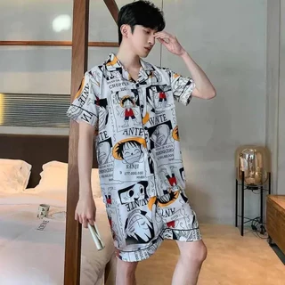 (ส่งมาจากประเทศไทย)ส่งมอบทันที,ชุดนอนผู้ชาย，ผ้าซาตินเรียบ，กับแฟชั่นลายการ์ตูน，ที่ได้รับความนิยม，ขาสั้น+เสื้อ，L-3XL