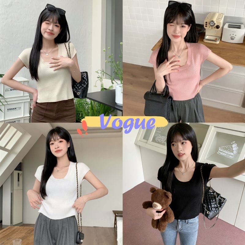 Vogue พร้อมส่ง การซ่อมแซมสีที่บริสุทธิ์ คอกลมแขนสั้นรัดรูป ช.ผ้า (6A97) -C