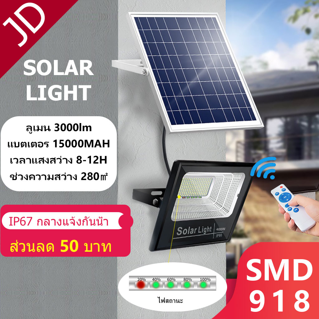 【รุ่นอัพเกรด】JD solar light 400W ไฟสปอตไลท์  ไฟถนนโซล่าเซลล์ solar cell ไฟโซล่าและแผงโซล่า Solar Light LED ไฟโซล่าเซลล์