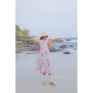 Floral Print Collared Linen Dressน่าร๊ากกใจละลายเลยจ้าเดรสผ้าลินนินเกาหลีปริ้นลายดอกไม้สลับสีหวานละมุนเเต่งขลิบลูกไม้