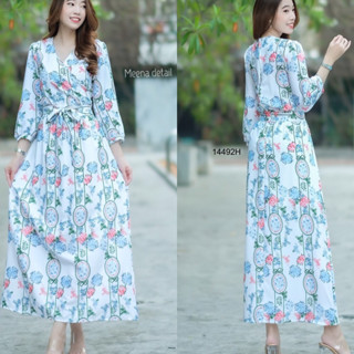 SS14492 เดรสยาว อกไขว้ ลายดอก Long dress, cross chest, floral pattern