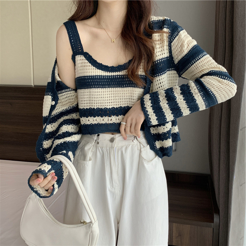 sppshoppppp พร้อมส่ง เสื้อไหมพรมสไตล์เกาหลี มี2ชิ้น เสื้อกล้าม+เสื้อคลุมแขนยาวผ้าบาง มี3สี