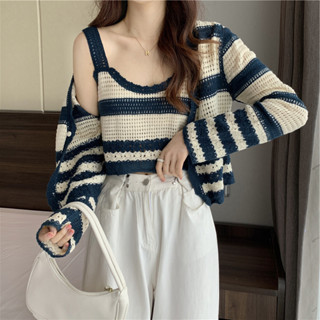 sppshoppppp พร้อมส่ง เสื้อไหมพรมสไตล์เกาหลี มี2ชิ้น เสื้อกล้าม+เสื้อคลุมแขนยาวผ้าบาง มี3สี