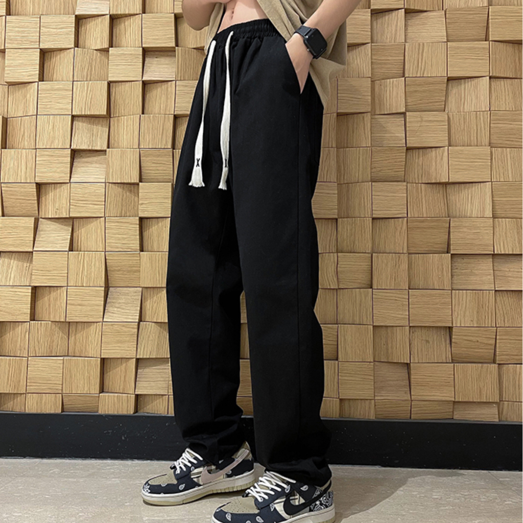 กางเกงขายาวผู้ชาย เอวยืด แต่งเชือกใหญ่ แฟชั่นสไตล์เกาหลี กางเกงขายาวลำลอง