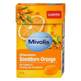 Mivolis Halsbonbons Sanddorn-Orange, 50 g.ลูกอมที่มีรสซีบัคธอร์นและส้ม