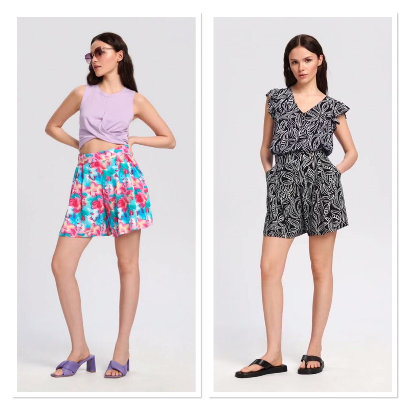 Sinsay Patterned shorts กางเกงขาสั้น เอวสูง เนื้อผ้าโพลีเอสเตอร์ ผ้าไม่ยืด งานชนช็อป มี 2 สี ลายดำขา