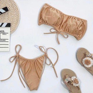 bikini ชุดว่ายน้ำ สินค้ามือ1 ชุดว่ายน้ำสีครีม พร้อมส่ง