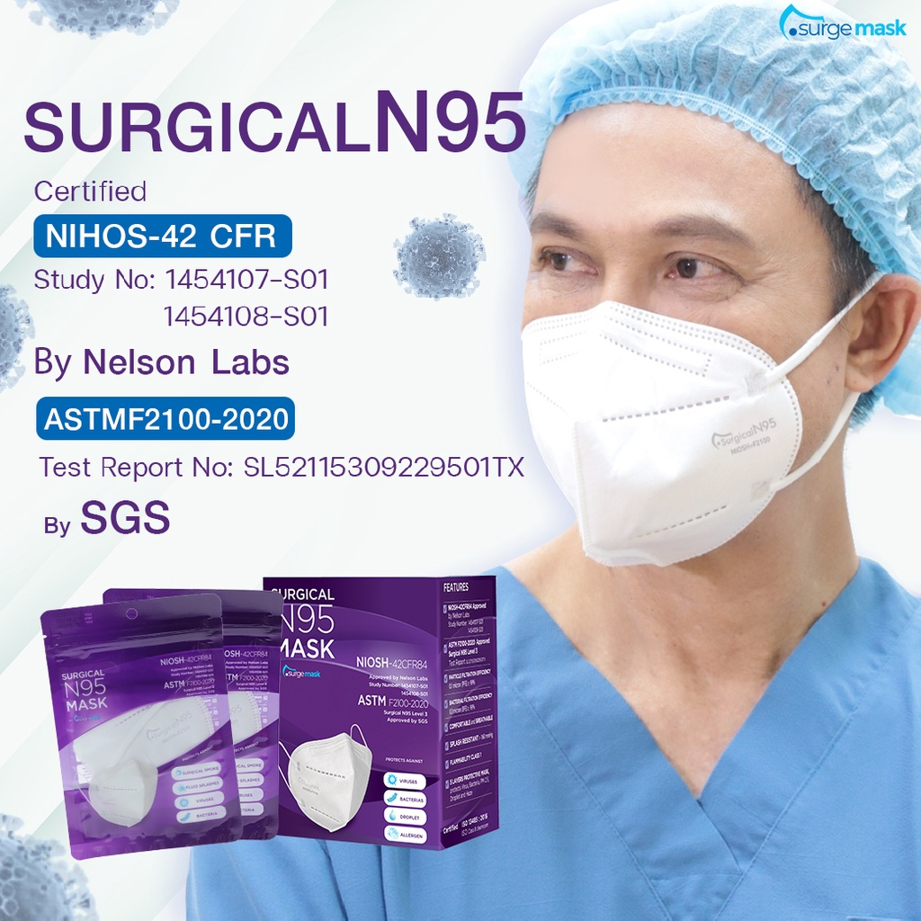 Surgical N95 Mask Certified by NIOSH-42CFR84/ASTM F2100-2020 ประสิทธิภาพในการกรองสูงที่สุด*แบบกล่อง