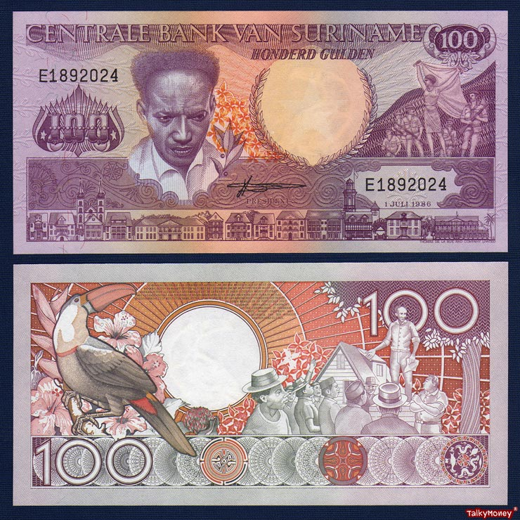 ธนบัตร ซูรินัม Suriname ราคา 100 กิลเดอร์ ปี 1986 P-133 นกเงือก สภาพใหม่เอี่ยม 100% UNC สำหรับสะสมที่ระลึก