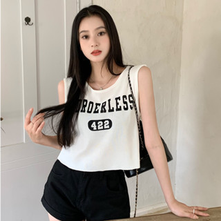 เสื้อเเขนกุดผู้หญิง เสื้อยืดแฟชั่น คอกรมเเขนกุด พิมพ์ตัวอักษร เนื้อผ้าดีเเมช์ง่าย  #60237