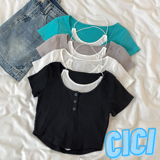 Cici(NO.J609)เสื้อครอป+สายเดี่ยวคล้องคอ ดีเทลกระดุมหน้าใช้งานได้จริง ผ้ายืดได้เยอะ ใส่เเล้วไม่ร้อน