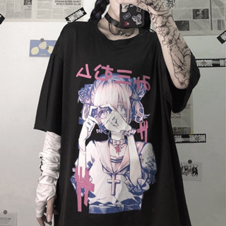 Pambabaeng Anime เสื้อยืดคอกลมผ้าฝ้ายพิมพ์ลาย ไซส์เล็ก แฟชั่นUnisex