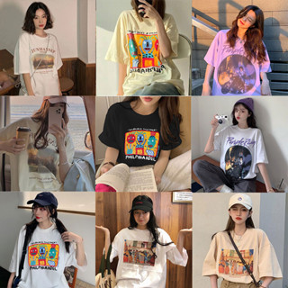 เสื้อยืดแขนสั้นทรงหลวมสไตล์เกาหลี oversize เสื้อยืดสาวอวบเสื้อโอเวอร์ไซส์ เสื้อผ้าผู้หญิงน่ารัก​ เสื้อวินเทจ สีครีม XXL