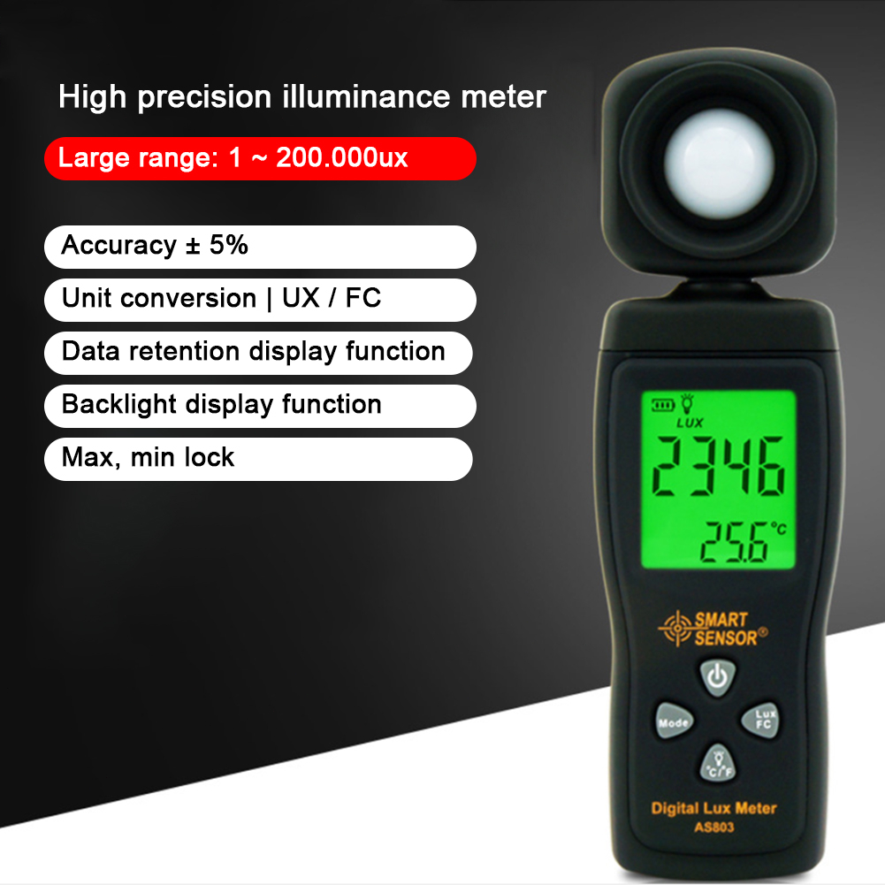 RCYAGO LCD ขนาดเล็ก, เครื่องวัดความสว่างแบบดิจิตอล 200000 Lux AS803 ปริซึมวัดความเข้มแสง