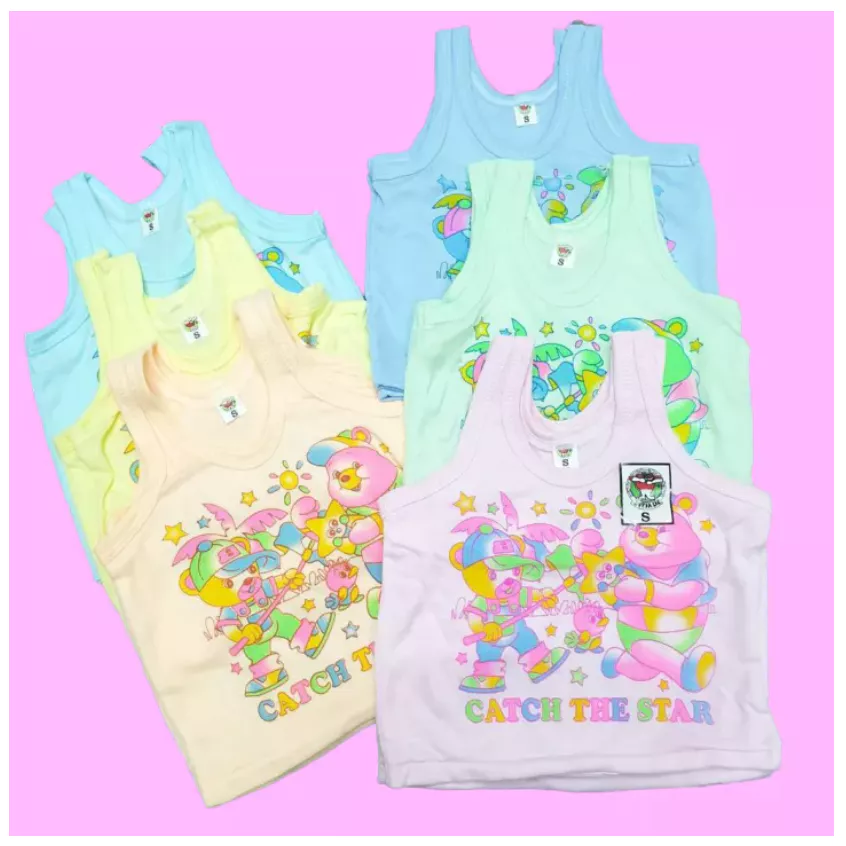 [6 ตัว 100฿]เสื้อกล้ามเด็กอ่อน สีหวานสีพื้นพิมพ์การ์ตูนเนื้อผ้าT Cคละสี 6 ตัว เสื้อเด็กเล็ก