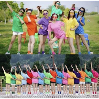 🎉🎉แถมฟรีถุงเท้า🎉🎉 เสื้อนีออน เสื้อยืดนีออน เสื้อสียืดสีพื้น นีออน Neonเป็นเซตคู่แถมกับถุงเท้าฟรีไซต์หลากสีสะท้อนแสง