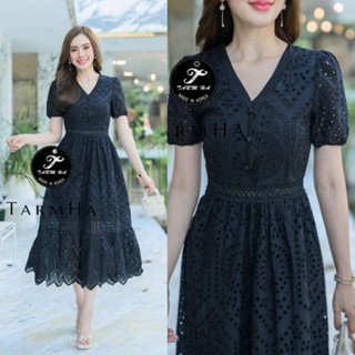 เดรสดำออกงาน!!! S-6XL Maxi Dress เดรสสีดำผ้าฉลุลายกระดุมหน้า งานป้าย Tarm Ha