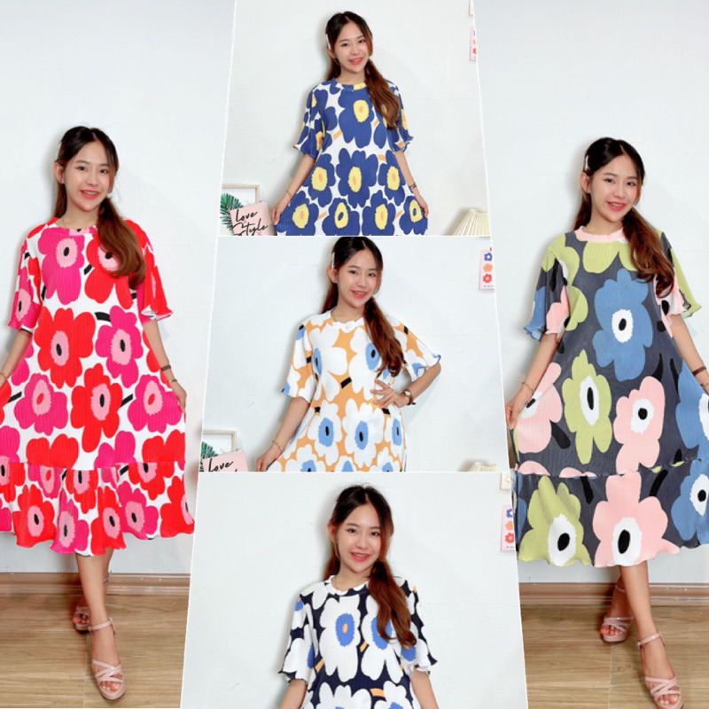 ชุดพีท Pleated Dressชุดเดรสลายดอกมารี Marimekko ชุดเดรสยืดผ้าพลีท ชุดพลีทลายดอกซากุระ Pleat Dress ชุ