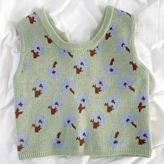 ส่งทันที Cici(NO. 45037)เสื้อกั๊กไหมพรม แต่งลายดอกไม้ ดีเทล ผูกโบว์ด้านหลังสุดเก๋
