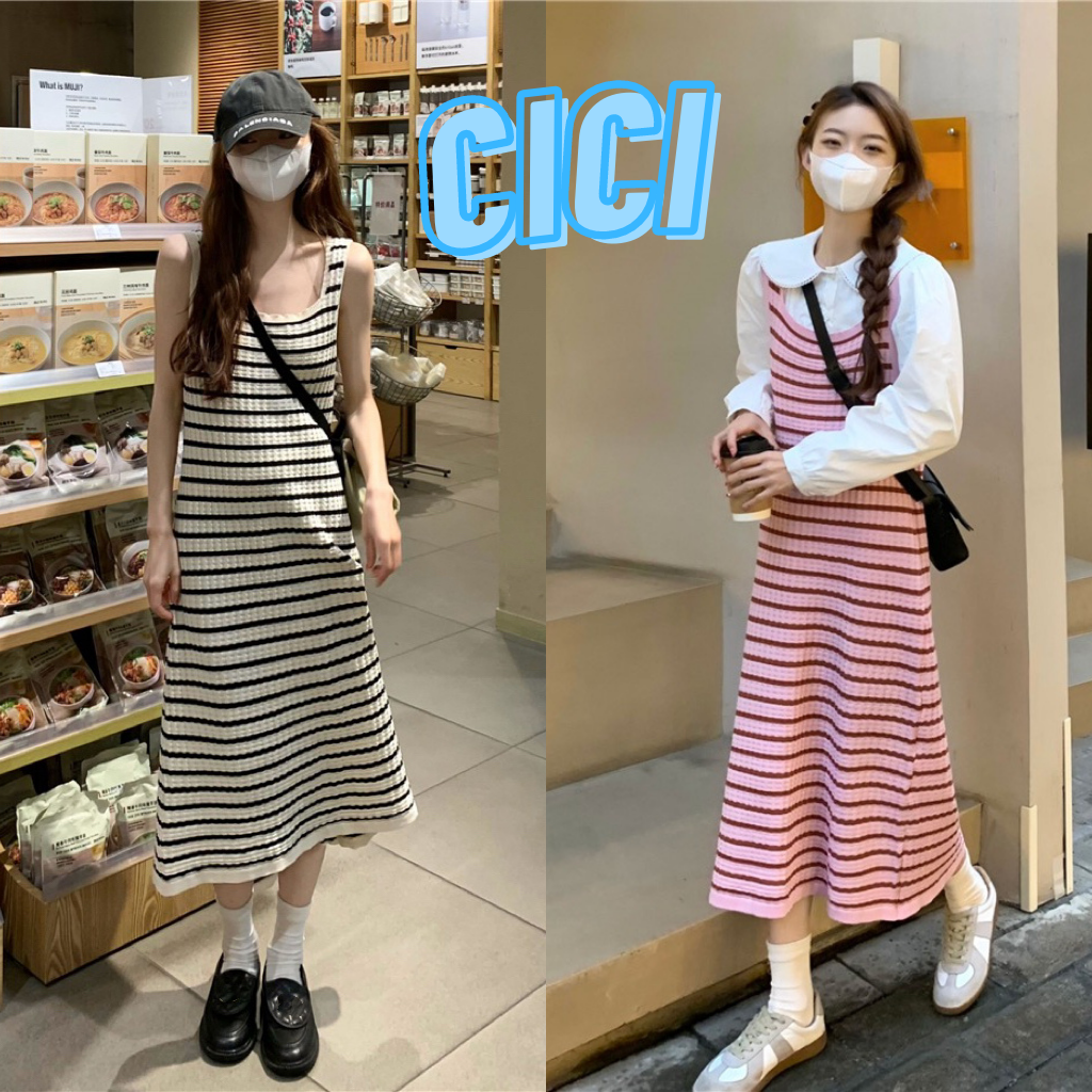 ส่งทันที Cici(NO. 42CX07/M2326)ชุดเดรสแขนกุดผ้าถัก แต่งลายทางทรงหลวม สไตล์ฝรั่งเศส