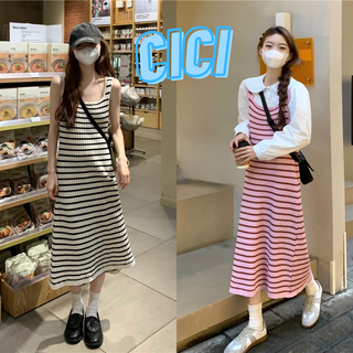 Cici(NO.42Cx07/M2326)ชุดเดรสแขนกุดผ้าถัก แต่งลายทางทรงหลวม สไตล์ฝรั่งเศส