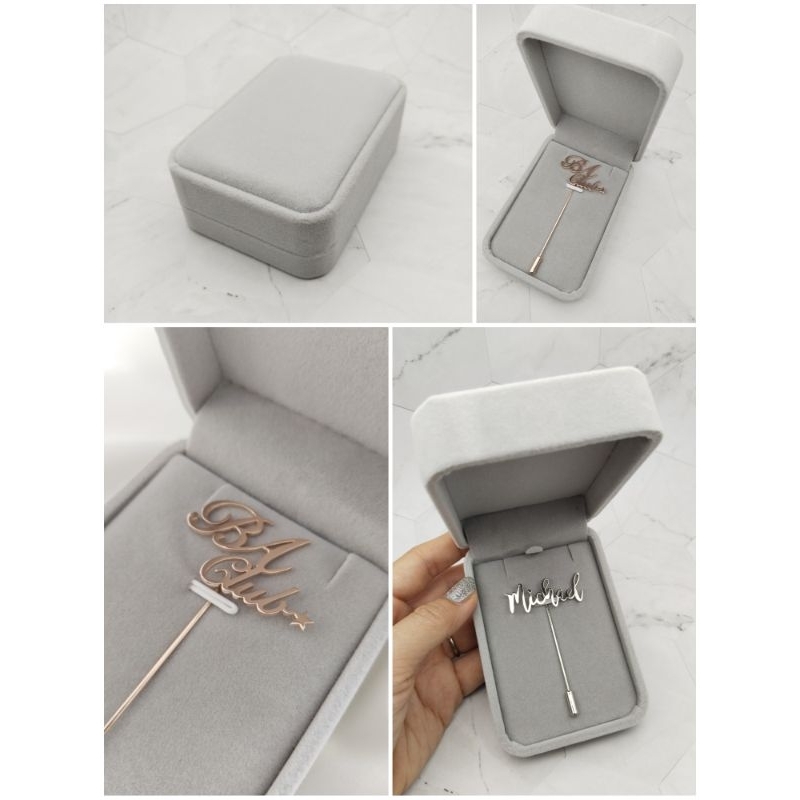 กล่องพินสูท กำมะหยี่ ใส่เข็มกลัดพิน ของขวัญ กำมะหยี่สีเทา lapel pin