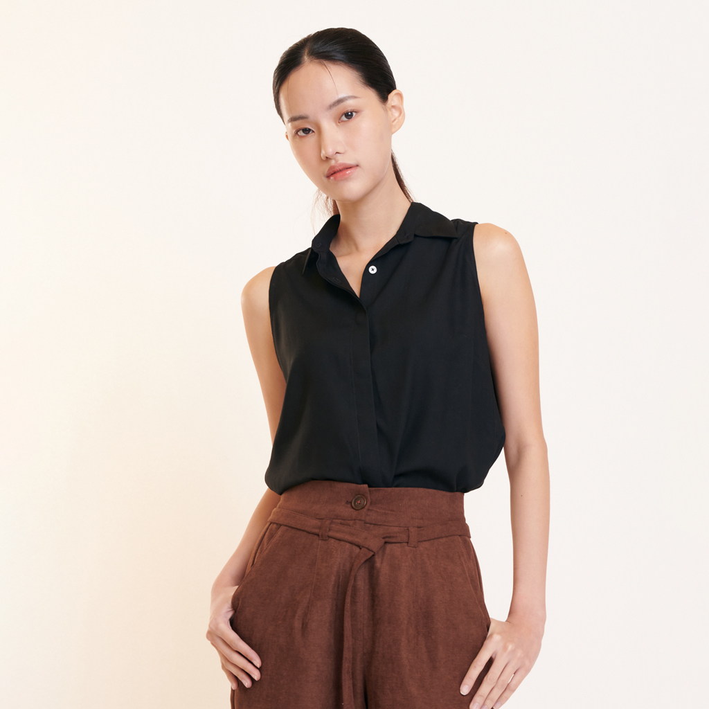Khaki Bros. – Cropped pants – Sleeveless Shirt – เสื้อเชิ้ตแขนกุดและกางเกงขายาวสำหรับผู้หญิง(Black(เสื้อ),L)