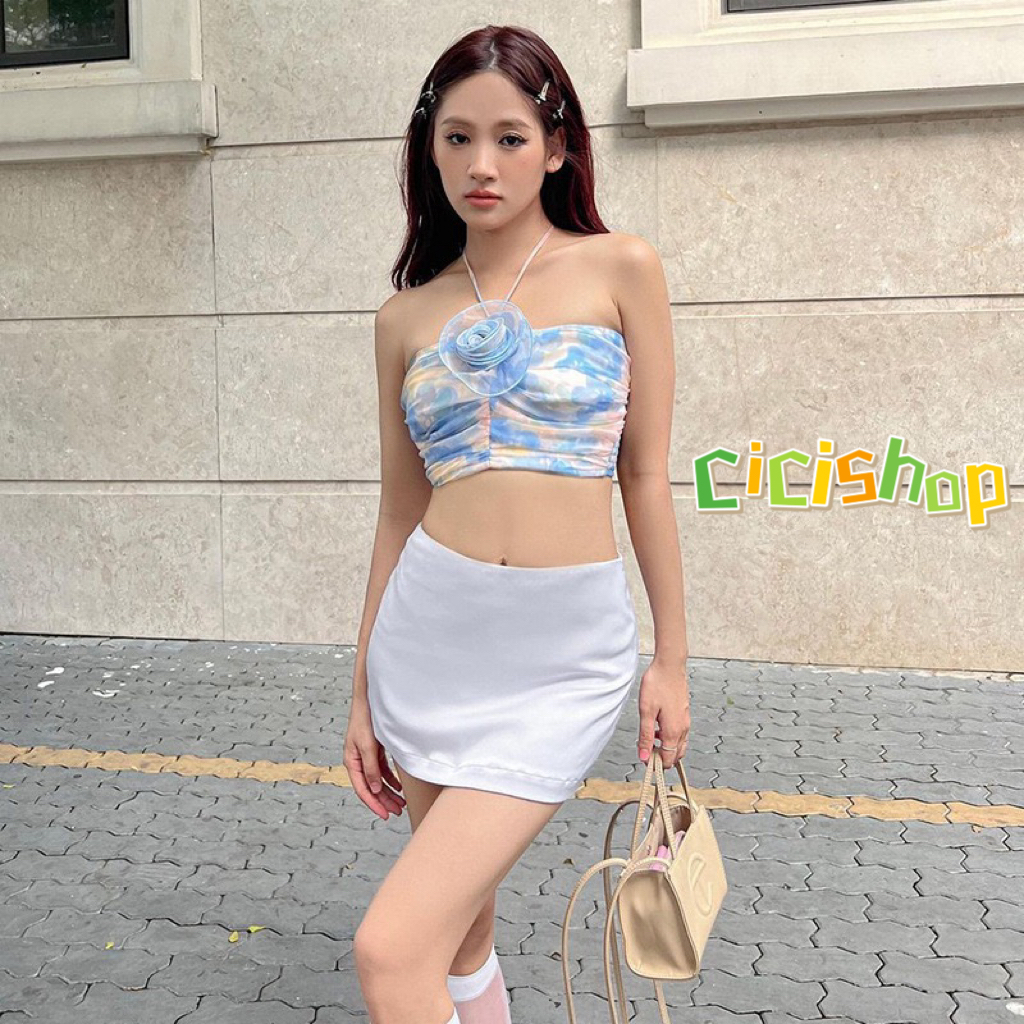 Cicishop(J559)เกาะอกคล้องคอผ้าชีฟอง พิมพ์ลายดอกไม้สีมัดย้อม แต่งดีเทลดอกไม้3Dกลางอกเก๋ๆ