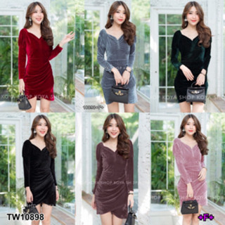 CS10898 เดรสกำมะหยี่จีบเว้าอก Pleated velvet dress