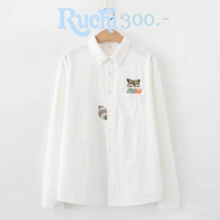 RUCHI เชิ้ตขาว เสื้อแขนยาว little fox ปักลายจิ้งจอก สไตล์ญี่ปุ่น เสื้อผ้าคอตตอน น่ารัก