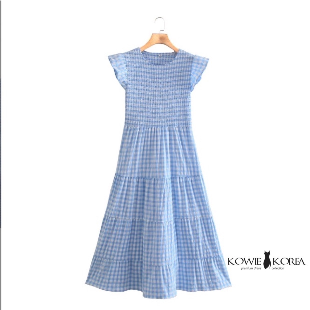 Kowie Korea ( 310 ) Bowa เดรสยาวสีฟ้าขาวลายสก็อต
