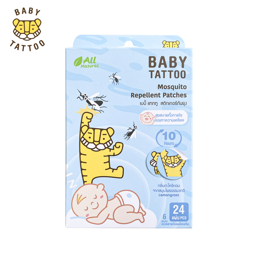 BABY TATTOO สติกเกอร์กันยุง แผ่นแปะกันยุง สารสกัดจากธรรมชาติ (1 กล่อง 24 ชิ้น) ออร์แกนิค