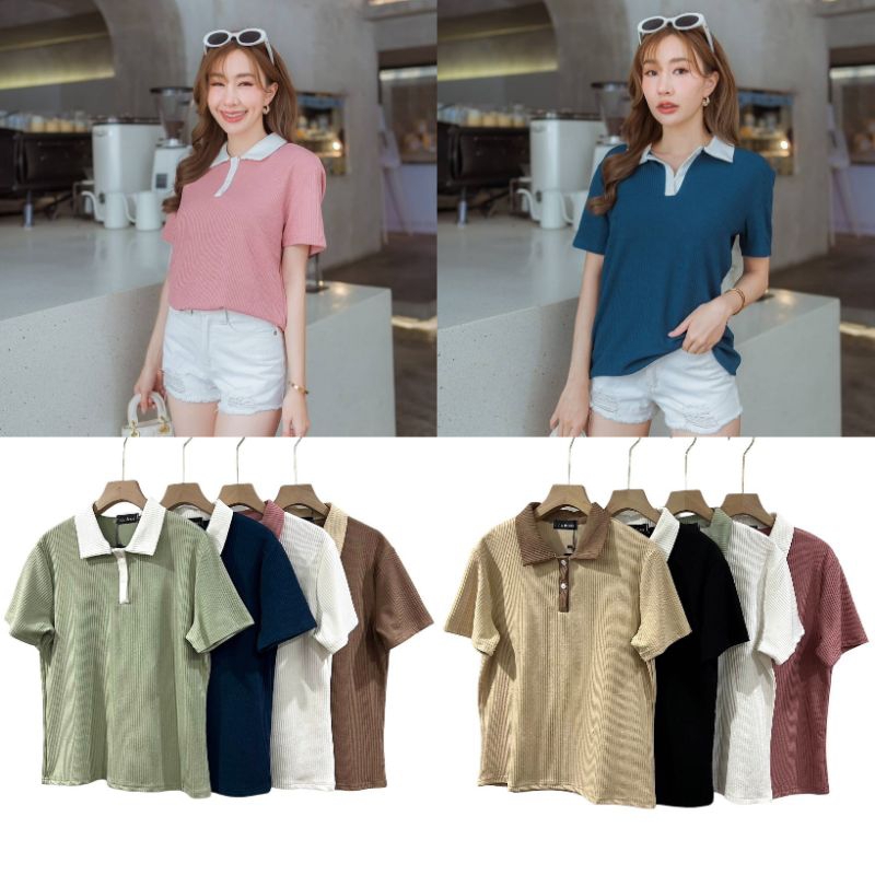 พร้อมส่ง La dress # 1071🌸เสื้อยืดคอปก กระดุมหน้าผ้าร่อง ทรงสวย🌸งานป้าย