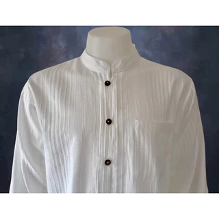 เสื้อผ้าฝ้าย ผ้าพื้นเมือง (657) คอจีน ผ่าหน้า กระดุมกะลา สีขาว แขนยาว