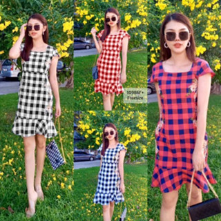 CS10986 เดรสสก็อตปักดอกไม้ floral embroidered plaid dress