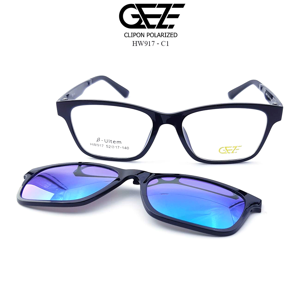 กรอบแว่นสายตา GEZE Clip-On รุ่น HW917 - C1 เต็มกรอบสีดำเงา คลิปออนแม่เหล็กปรอทเขียว Polarized